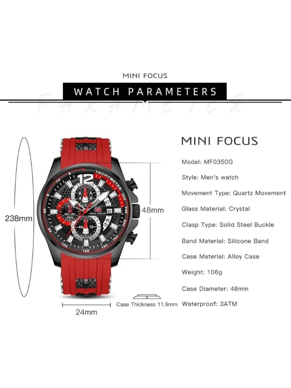 Men's Red Silicon Band Analog Quartz Chronograph Waterproof Luminous Wrist Watch